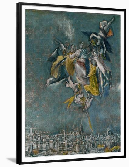 View and map of Toledo. Detail: Virgin and angels protecting Toledo-null-Framed Premium Giclee Print