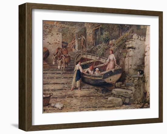 'View at Clovelly, with Stranded Boat and Figures', 1882, (1935)-Birket Foster-Framed Giclee Print