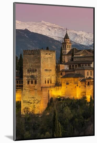 View at dusk of Alhambra palace with the snowy Sierra Nevada in the background, Granada, Andalusia,-Stefano Politi Markovina-Mounted Photographic Print