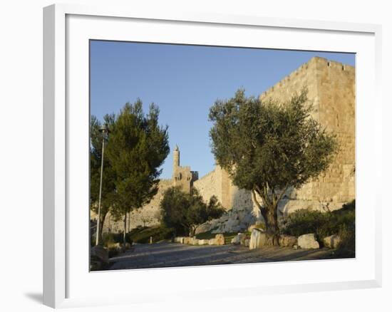 View at Sunset of the City Walls Promenade with Tower of David in Background, Old City, Jerusalem,-Eitan Simanor-Framed Photographic Print
