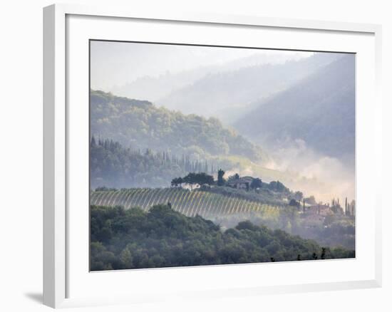 View from above of Tuscan Villa and Vineyard on a Foggy Morning-Terry Eggers-Framed Photographic Print