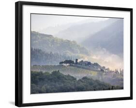 View from above of Tuscan Villa and Vineyard on a Foggy Morning-Terry Eggers-Framed Photographic Print