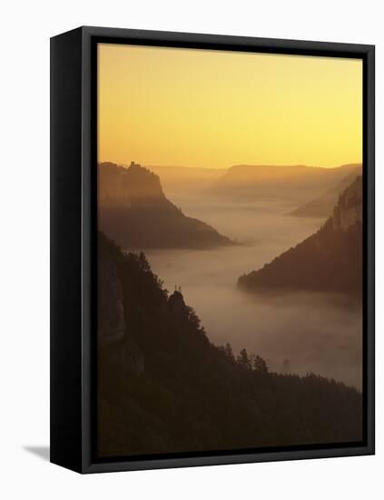 View from Eichfelsen Rock on Schloss Werenwag Castle and Danube Valley at Sunrise-Markus Lange-Framed Stretched Canvas