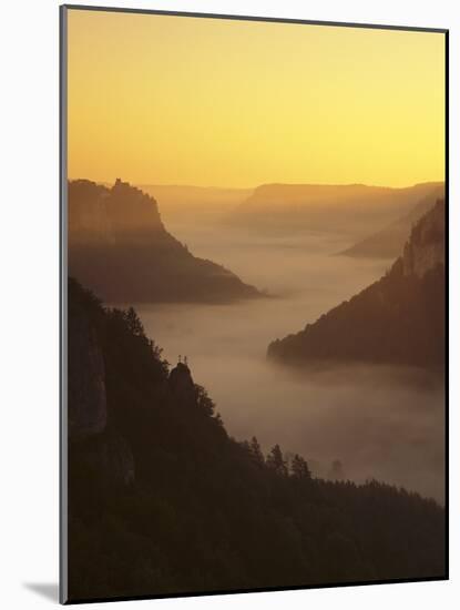 View from Eichfelsen Rock on Schloss Werenwag Castle and Danube Valley at Sunrise-Markus Lange-Mounted Photographic Print