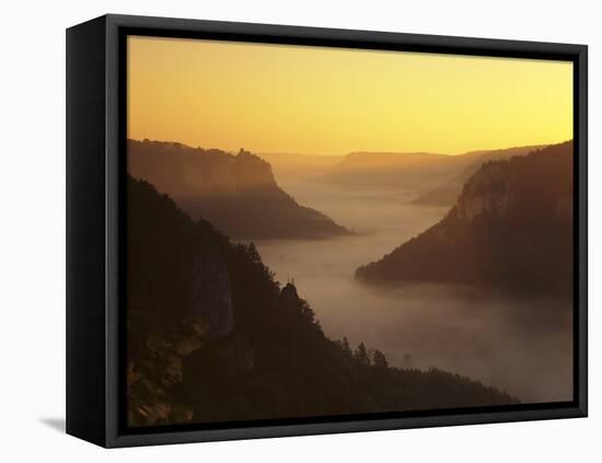 View from Eichfelsen Rock on Schloss Werenwag Castle and Danube Valley at Sunrise-Markus Lange-Framed Stretched Canvas