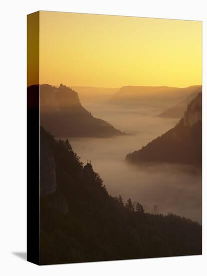 View from Eichfelsen Rock on Schloss Werenwag Castle and Danube Valley at Sunrise-Markus Lange-Stretched Canvas