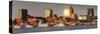 View from Elbe River to St. Pauli Landungsbruecken pier and skyscraper Tanzende Tuerme at sunset, S-Markus Lange-Stretched Canvas