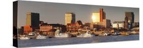 View from Elbe River to St. Pauli Landungsbruecken pier and skyscraper Tanzende Tuerme at sunset, S-Markus Lange-Stretched Canvas