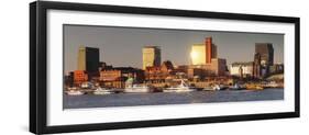 View from Elbe River to St. Pauli Landungsbruecken pier and skyscraper Tanzende Tuerme at sunset, S-Markus Lange-Framed Photographic Print