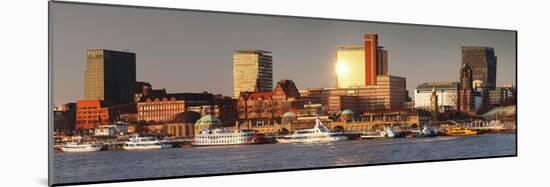 View from Elbe River to St. Pauli Landungsbruecken pier and skyscraper Tanzende Tuerme at sunset, S-Markus Lange-Mounted Photographic Print