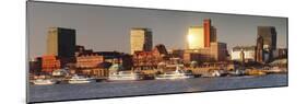 View from Elbe River to St. Pauli Landungsbruecken pier and skyscraper Tanzende Tuerme at sunset, S-Markus Lange-Mounted Photographic Print