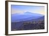 View from Greek Theatre to Taormina with Mount Etna in Background, Taormina, Sicily, Italy, Europe-Neil Farrin-Framed Photographic Print