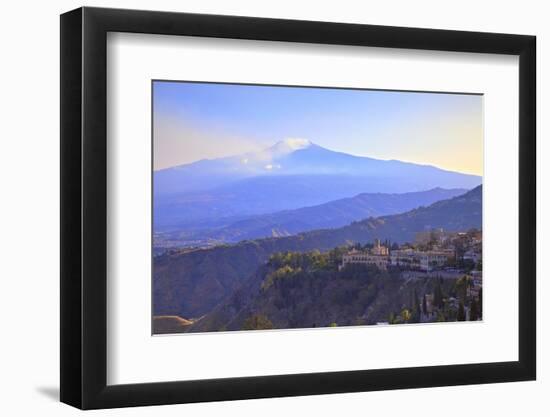 View from Greek Theatre to Taormina with Mount Etna in Background, Taormina, Sicily, Italy, Europe-Neil Farrin-Framed Photographic Print