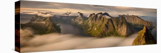 View from Helvete Summit Toward Mountains Ridges around Kjerkfjorden, Lofoten, Nordland, Norway-null-Stretched Canvas