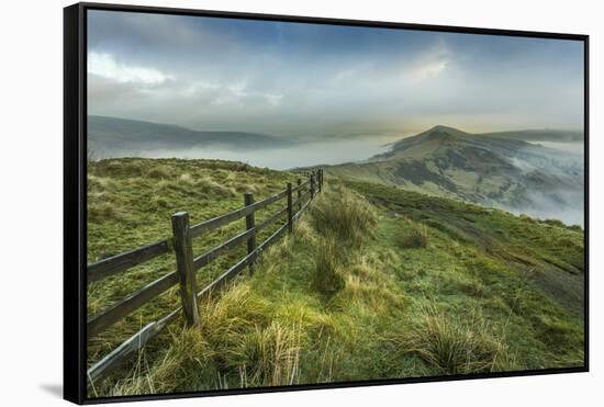 View from Mam Tor of fog in Hope Valley at sunrise, Castleton, Peak District National Park, Derbysh-Frank Fell-Framed Stretched Canvas