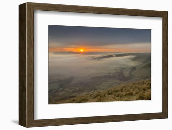 View from Mam Tor of fog in Hope Valley at sunrise, Castleton, Peak District National Park, Derbysh-Frank Fell-Framed Photographic Print