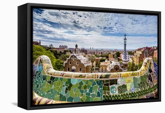 View from Parc Guell Towards City, Barcelona, Catalonia, Spain-Sabine Lubenow-Framed Stretched Canvas