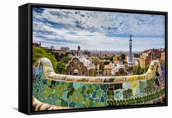 View from Parc Guell Towards City, Barcelona, Catalonia, Spain-Sabine Lubenow-Framed Stretched Canvas