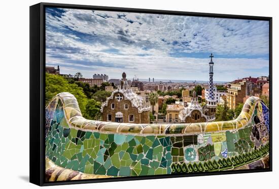 View from Parc Guell Towards City, Barcelona, Catalonia, Spain-Sabine Lubenow-Framed Stretched Canvas