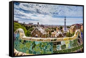 View from Parc Guell Towards City, Barcelona, Catalonia, Spain-Sabine Lubenow-Framed Stretched Canvas