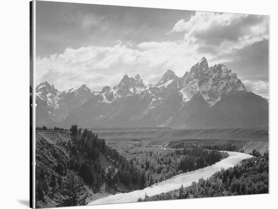 View From River Valley Towards Snow Covered Mts River In Fgnd, Grand Teton NP Wyoming 1933-1942-Ansel Adams-Stretched Canvas