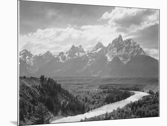 View From River Valley Towards Snow Covered Mts River In Fgnd, Grand Teton NP Wyoming 1933-1942-Ansel Adams-Mounted Art Print