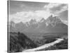 View From River Valley Towards Snow Covered Mts River In Fgnd, Grand Teton NP Wyoming 1933-1942-Ansel Adams-Stretched Canvas