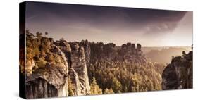 View from the Bastei Bridge to 'Gansfelsen'-Jorg Simanowski-Stretched Canvas