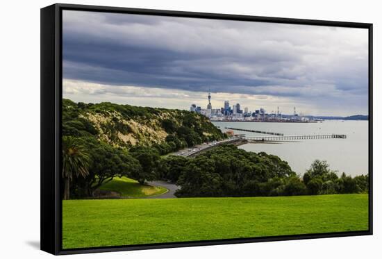 View from the Michael Joseph Savage Memorial at the Tamaki Drive over the Skyline of Auckland-Michael-Framed Stretched Canvas