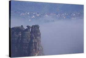 view from the Schrammsteinaussicht, Elbe Sandstone Mountains, fog, summit, Falkenstein, Rathmannsdo-Uwe Steffens-Stretched Canvas