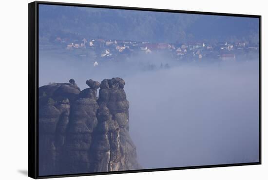 view from the Schrammsteinaussicht, Elbe Sandstone Mountains, fog, summit, Falkenstein, Rathmannsdo-Uwe Steffens-Framed Stretched Canvas