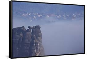 view from the Schrammsteinaussicht, Elbe Sandstone Mountains, fog, summit, Falkenstein, Rathmannsdo-Uwe Steffens-Framed Stretched Canvas