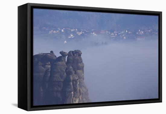 view from the Schrammsteinaussicht, Elbe Sandstone Mountains, fog, summit, Falkenstein, Rathmannsdo-Uwe Steffens-Framed Stretched Canvas