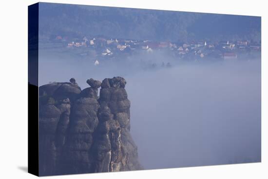 view from the Schrammsteinaussicht, Elbe Sandstone Mountains, fog, summit, Falkenstein, Rathmannsdo-Uwe Steffens-Stretched Canvas