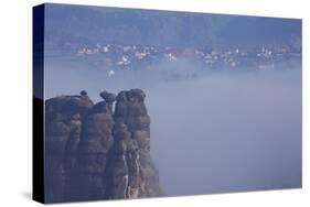 view from the Schrammsteinaussicht, Elbe Sandstone Mountains, fog, summit, Falkenstein, Rathmannsdo-Uwe Steffens-Stretched Canvas