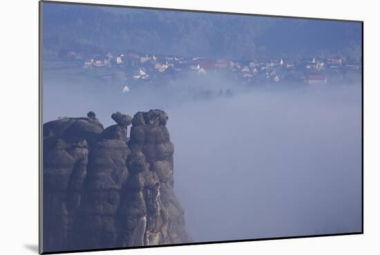 view from the Schrammsteinaussicht, Elbe Sandstone Mountains, fog, summit, Falkenstein, Rathmannsdo-Uwe Steffens-Mounted Photographic Print