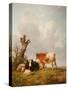 View in Stour Valley with Two Cows-Thomas Sidney Cooper-Stretched Canvas