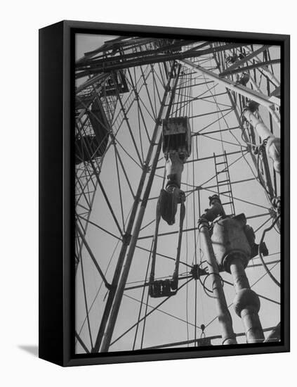 View Looking Up Derrick During Oil Drilling Operations Off Louisiana Coast-Margaret Bourke-White-Framed Stretched Canvas