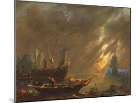 View of a Harbour at Sunset (Oil on Panel)-Lieve Verschuier-Mounted Giclee Print