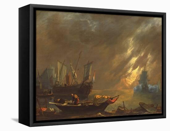View of a Harbour at Sunset (Oil on Panel)-Lieve Verschuier-Framed Stretched Canvas