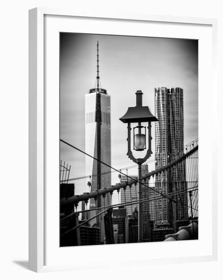 View of a Lamppost on the Brooklyn Bridge with One World Trade Center-Philippe Hugonnard-Framed Photographic Print