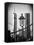 View of a Lamppost on the Brooklyn Bridge with One World Trade Center-Philippe Hugonnard-Framed Stretched Canvas