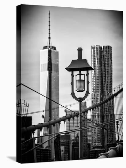 View of a Lamppost on the Brooklyn Bridge with One World Trade Center-Philippe Hugonnard-Stretched Canvas