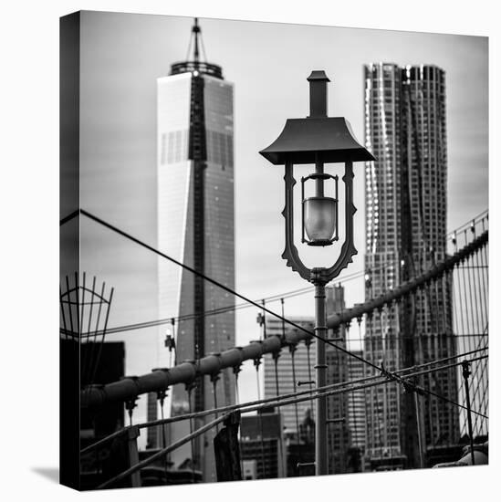 View of a Lamppost on the Brooklyn Bridge with One World Trade Center-Philippe Hugonnard-Stretched Canvas