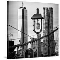 View of a Lamppost on the Brooklyn Bridge with One World Trade Center-Philippe Hugonnard-Stretched Canvas