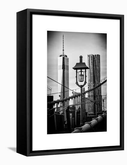 View of a Lamppost on the Brooklyn Bridge with One World Trade Center-Philippe Hugonnard-Framed Stretched Canvas