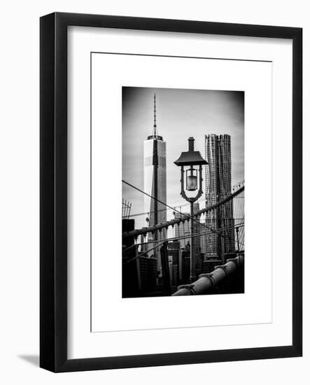 View of a Lamppost on the Brooklyn Bridge with One World Trade Center-Philippe Hugonnard-Framed Art Print