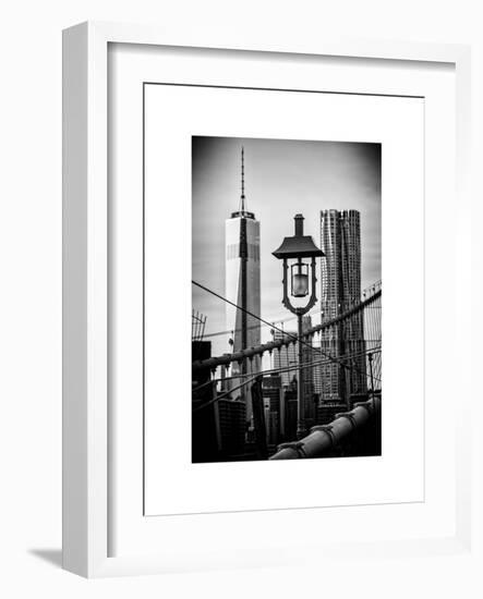View of a Lamppost on the Brooklyn Bridge with One World Trade Center-Philippe Hugonnard-Framed Art Print