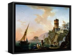 View of a Mediterranean Port-Charles Francois Lacroix de Marseille-Framed Stretched Canvas