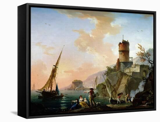 View of a Mediterranean Port-Charles Francois Lacroix de Marseille-Framed Stretched Canvas